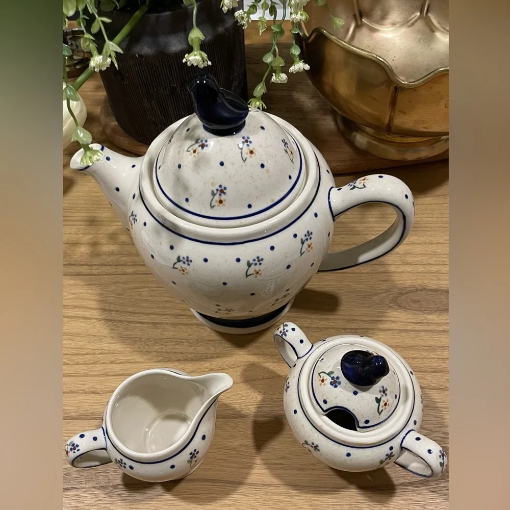 Blue Rose Polish Pottery Country Meadow 3 PC Coffee Pot Set with Bird Topper